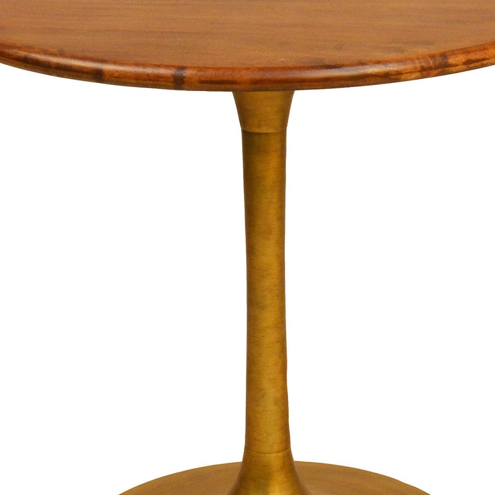 30" Brown and Gold Rounded Solid Wood and Iron Pedestal Base Dining Image 4