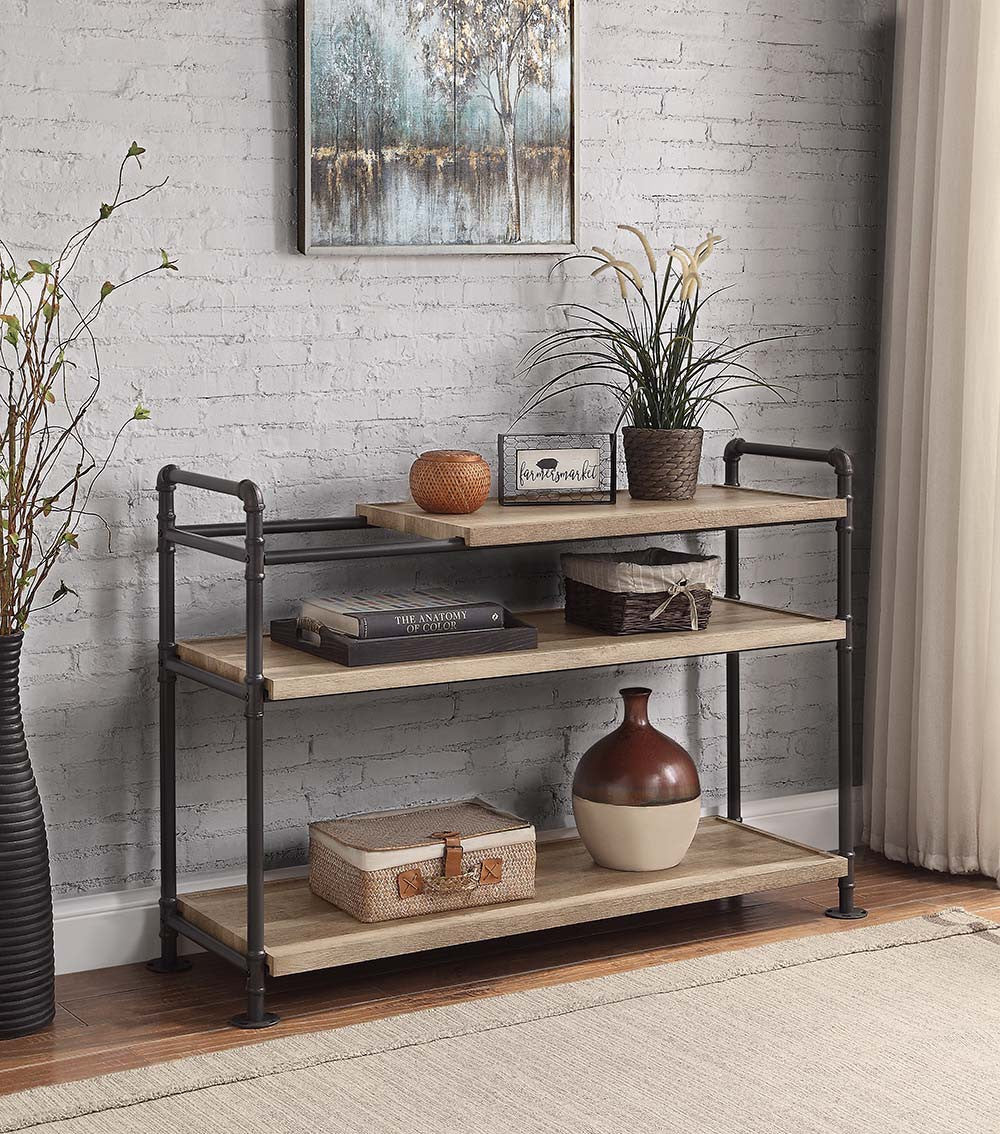 32" Brown and Black Metal Three Tier Etagere Bookcase Image 2