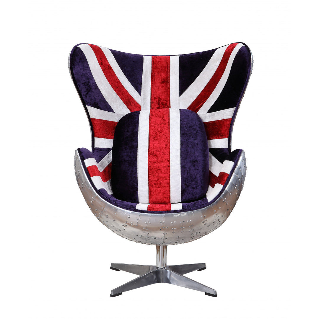 33" Red White and Blue And Silver Fabric Great Britain Flag Swivel Balloon Chair Image 1