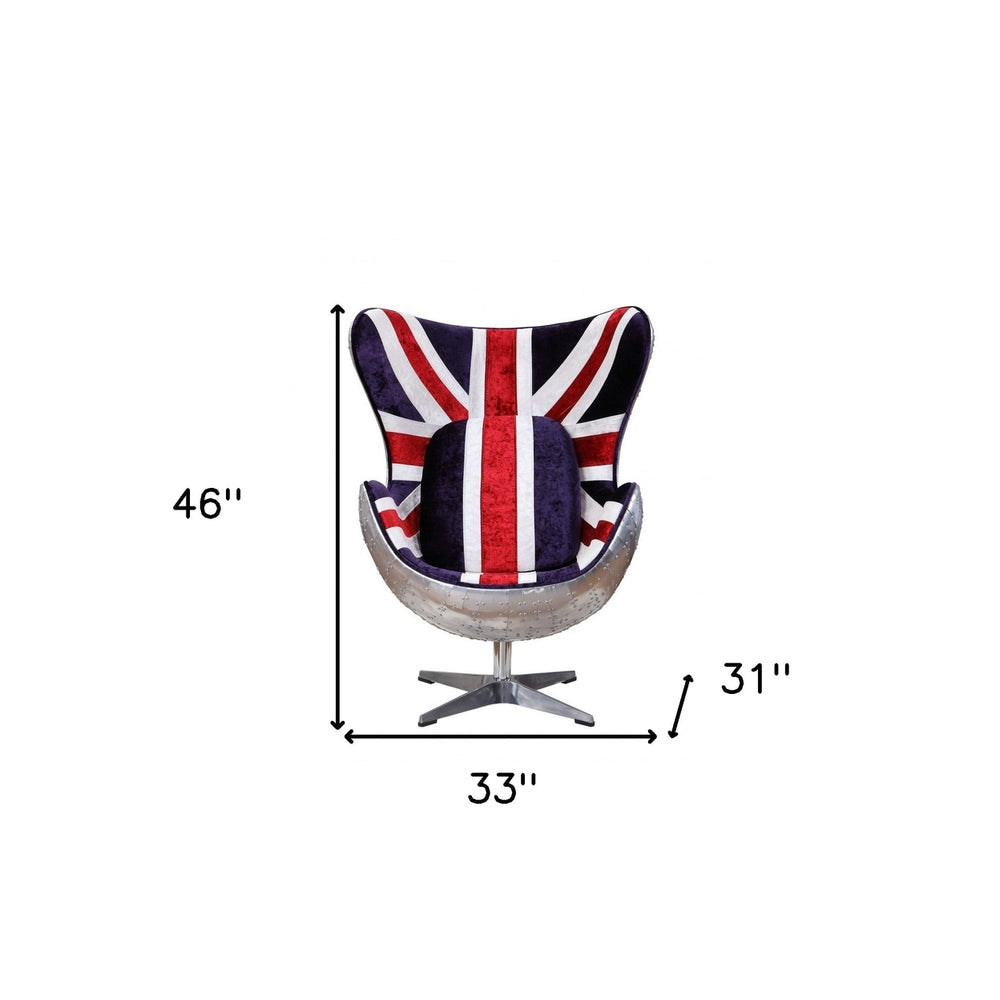 33" Red White and Blue And Silver Fabric Great Britain Flag Swivel Balloon Chair Image 2