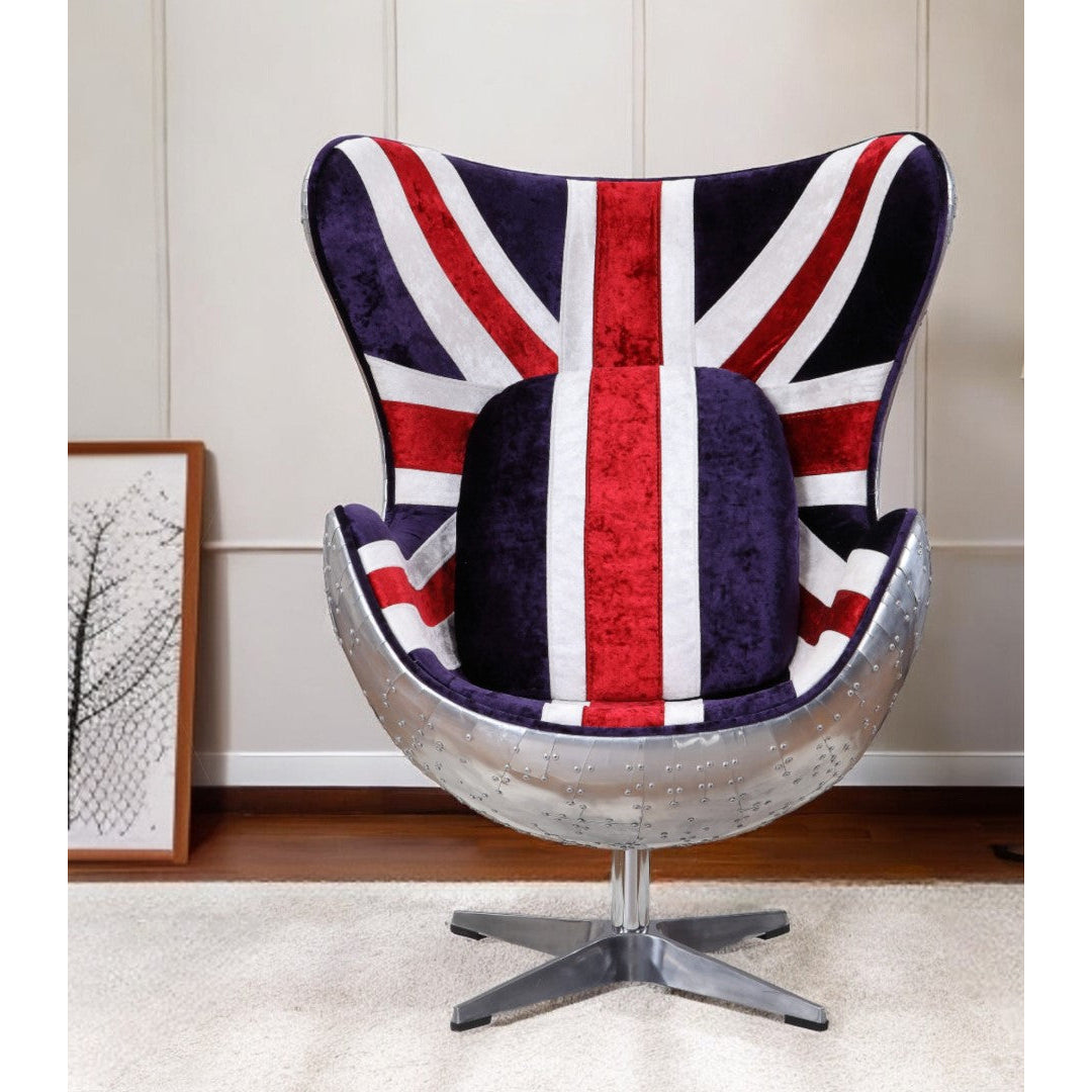 33" Red White and Blue And Silver Fabric Great Britain Flag Swivel Balloon Chair Image 4