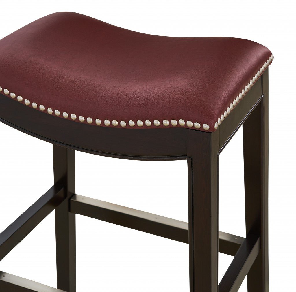 31" Dark Red And Espresso Solid Wood Backless Bar Chair Image 2