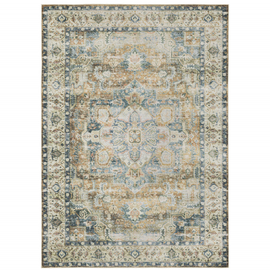 4 X 6 Blue Gold Brown Green And Salmon Oriental Printed Stain Resistant Non Skid Area Rug Image 1