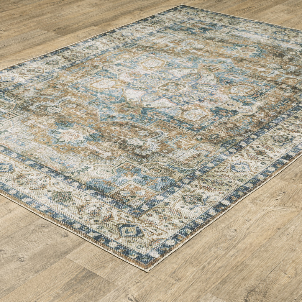 4 X 6 Blue Gold Brown Green And Salmon Oriental Printed Stain Resistant Non Skid Area Rug Image 4