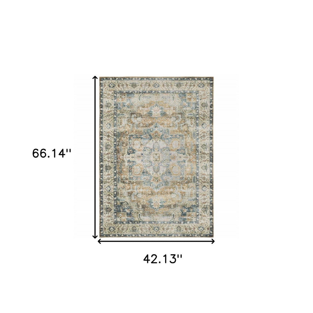 4 X 6 Blue Gold Brown Green And Salmon Oriental Printed Stain Resistant Non Skid Area Rug Image 10