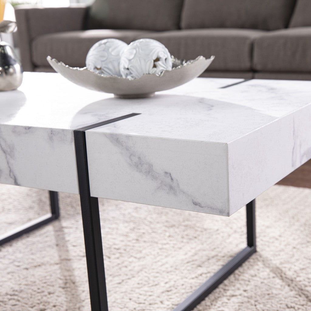 43" White Faux Marble And Metal Rectangular Coffee Table Image 1