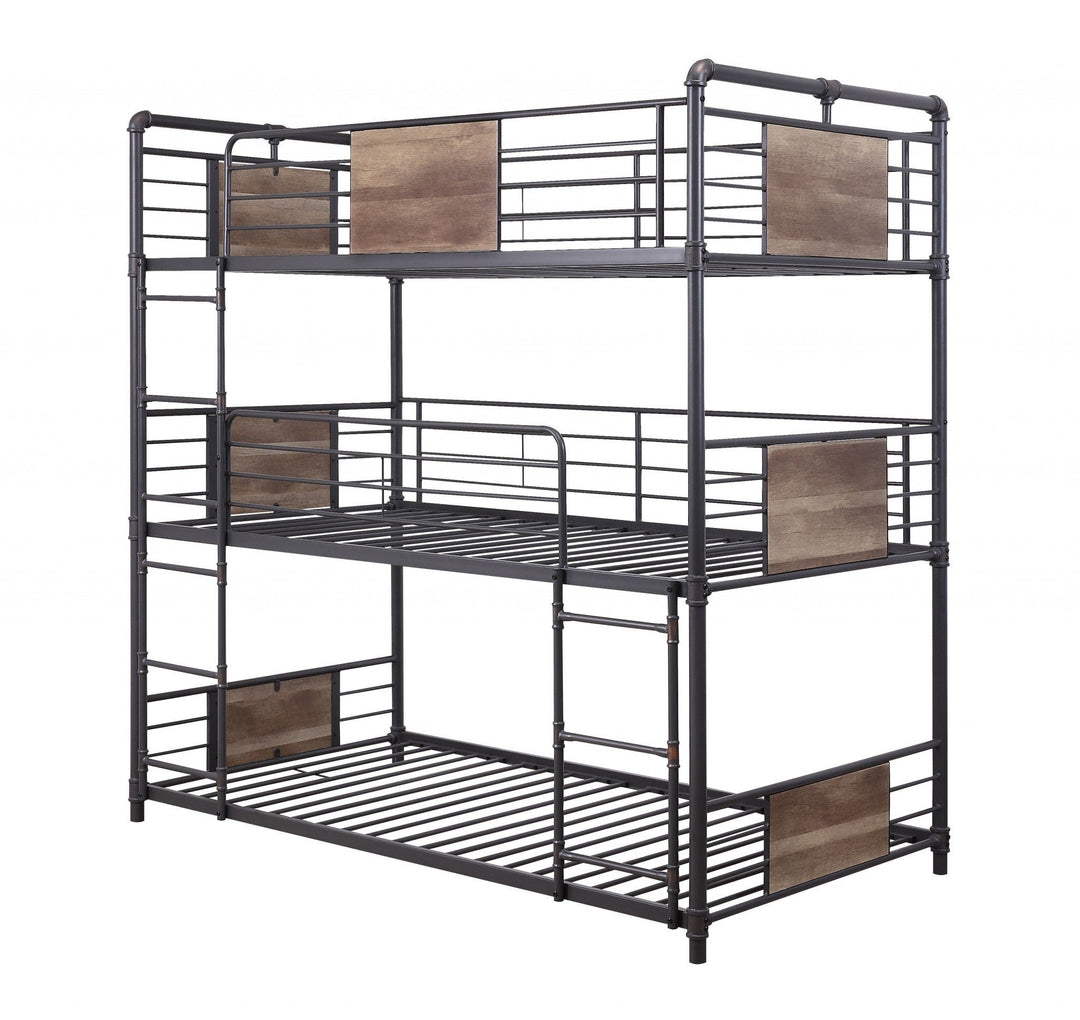 43" X 79" X 79" Sandy Black Dark Bronze Handbrushed Metal Wood Triple Bunk Bed Twin Image 1