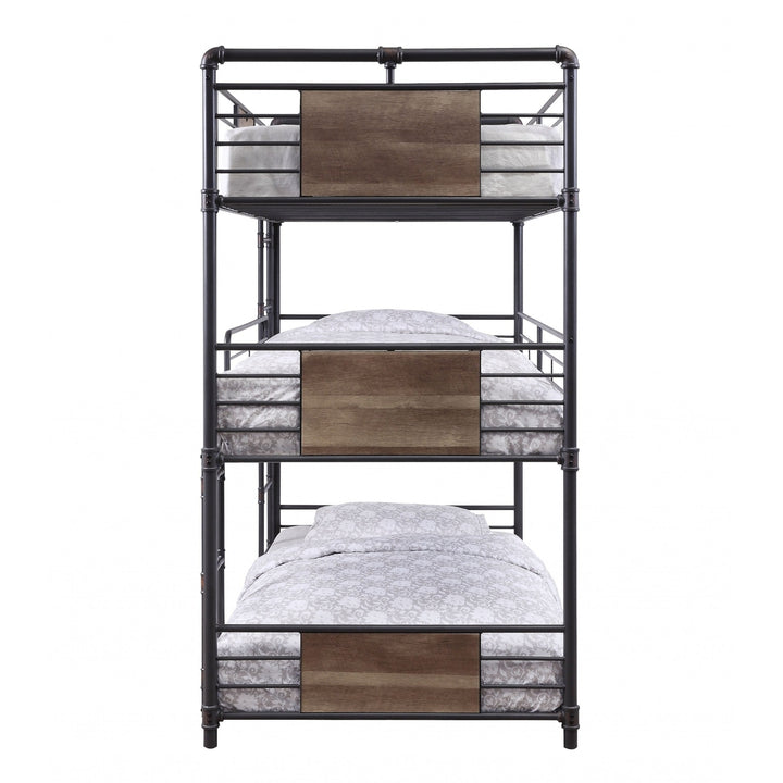 43" X 79" X 79" Sandy Black Dark Bronze Handbrushed Metal Wood Triple Bunk Bed Twin Image 2