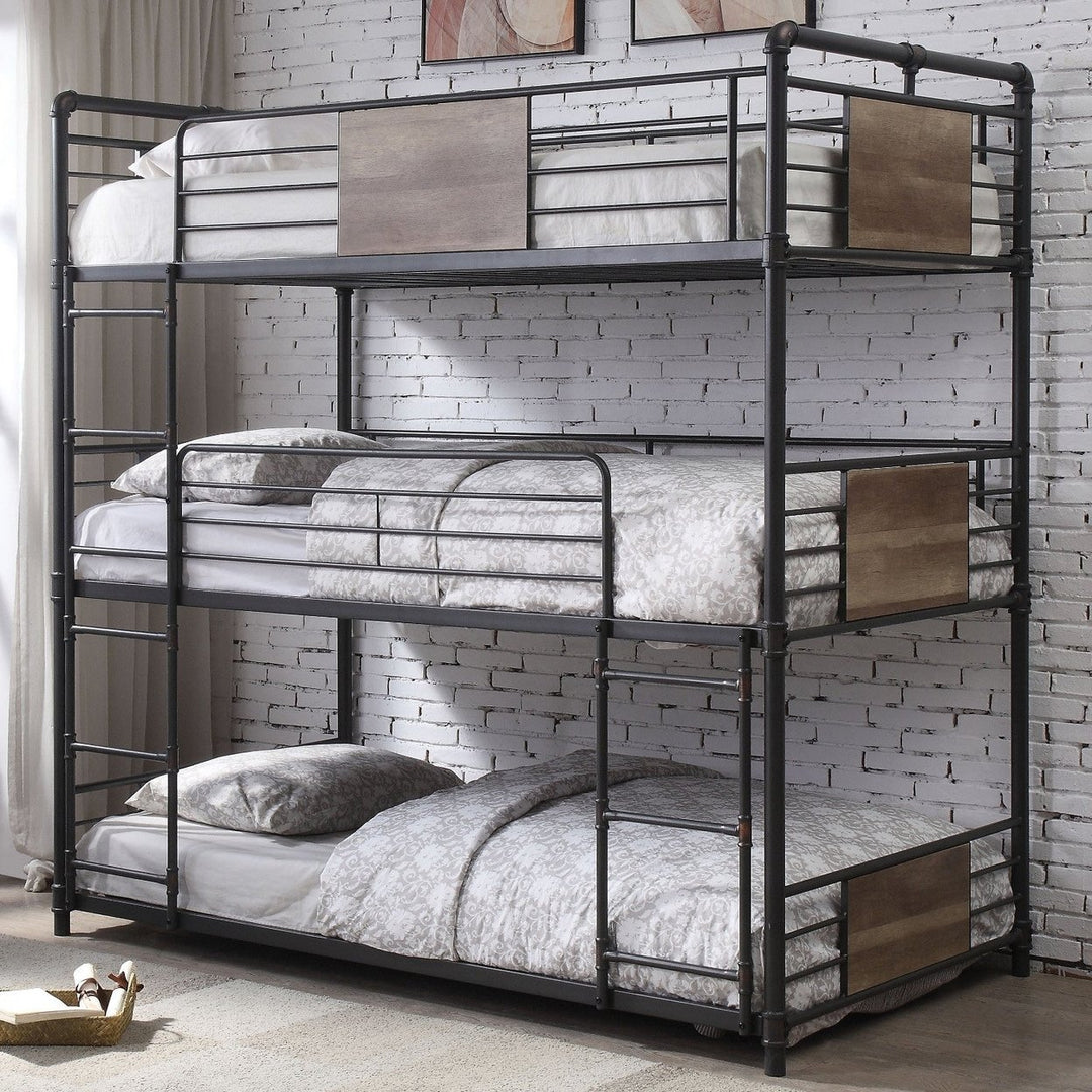 43" X 79" X 79" Sandy Black Dark Bronze Handbrushed Metal Wood Triple Bunk Bed Twin Image 4