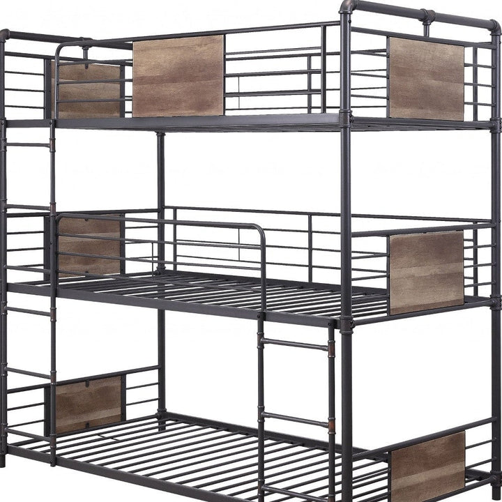 43" X 79" X 79" Sandy Black Dark Bronze Handbrushed Metal Wood Triple Bunk Bed Twin Image 6