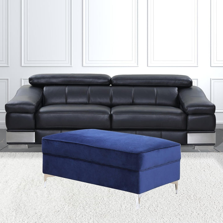 45" Blue Velvet And Silver Ottoman Image 5