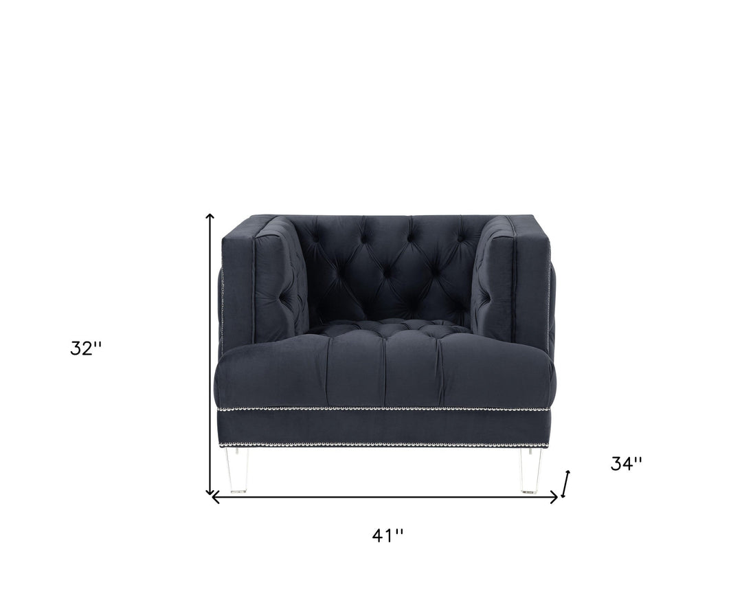 41" Charcoal Velvet And Black Tufted Arm Chair Image 5