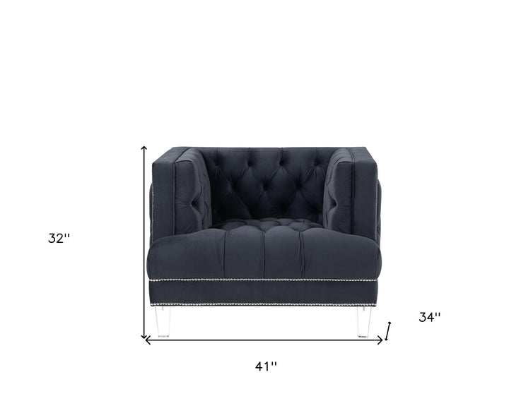 41" Charcoal Velvet And Black Tufted Arm Chair Image 5