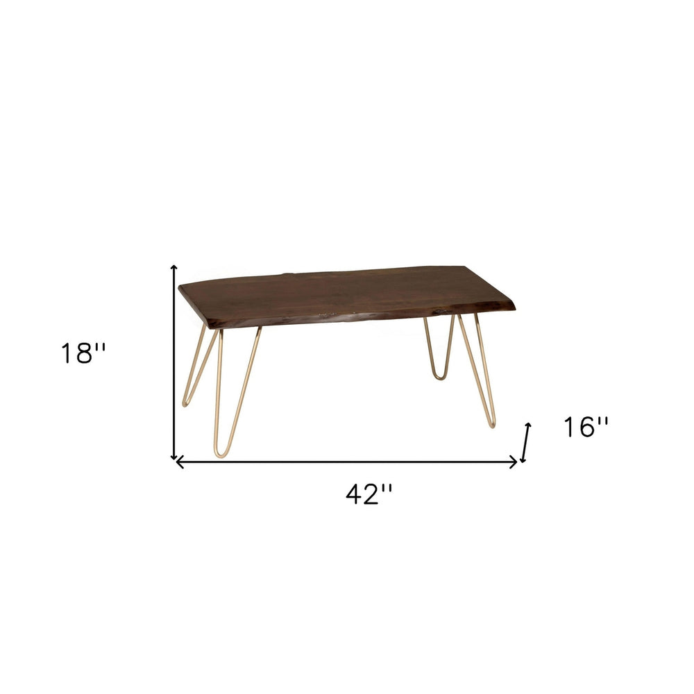 42" Gold And Rustic Brown Solid Wood Live Edge Rectangular Coffee Table Image 2