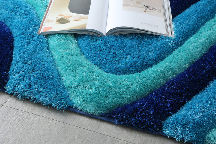 5 x 7 Blue Wavy Shag Hand Tufted Area Rug Image 3