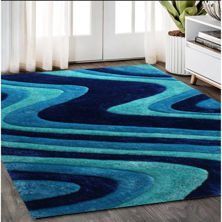 5 x 7 Blue Wavy Shag Hand Tufted Area Rug Image 5