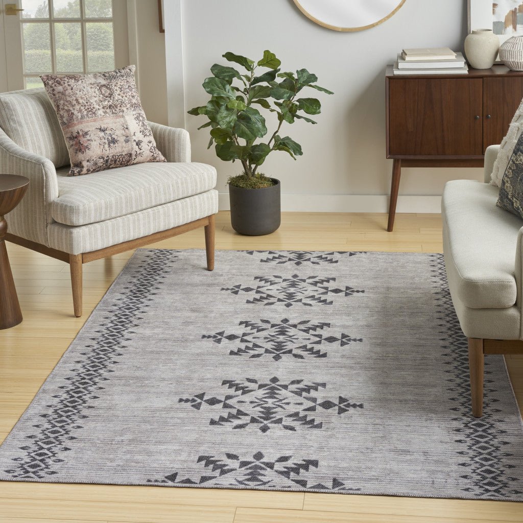 5 x 7 Gray and Ivory Geometric Power Loom Washable Area Rug Image 4