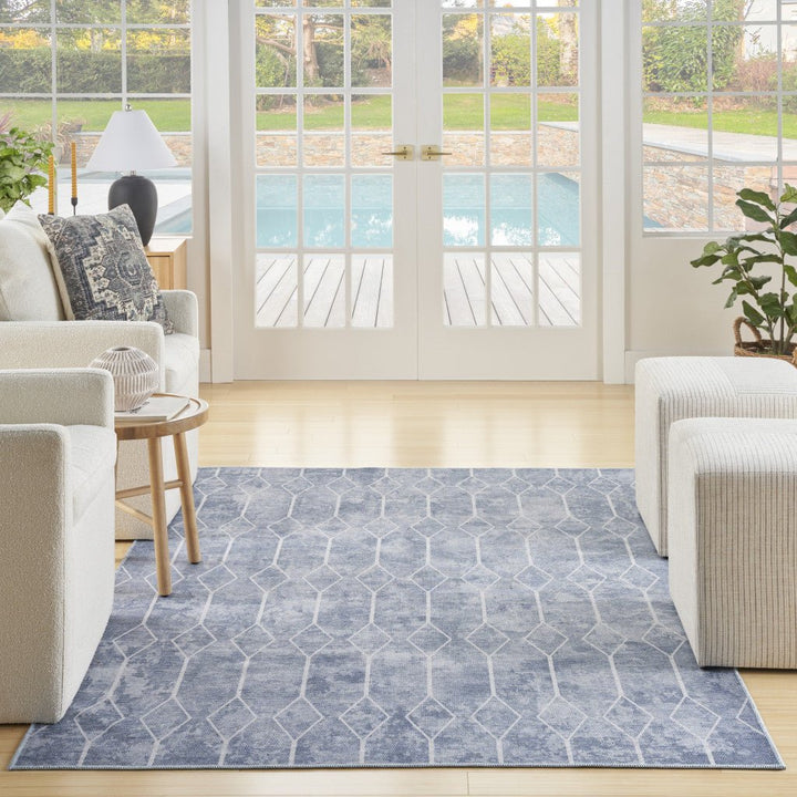 5 x 7 Blue and Off White Geometric Power Loom Washable Area Rug Image 8