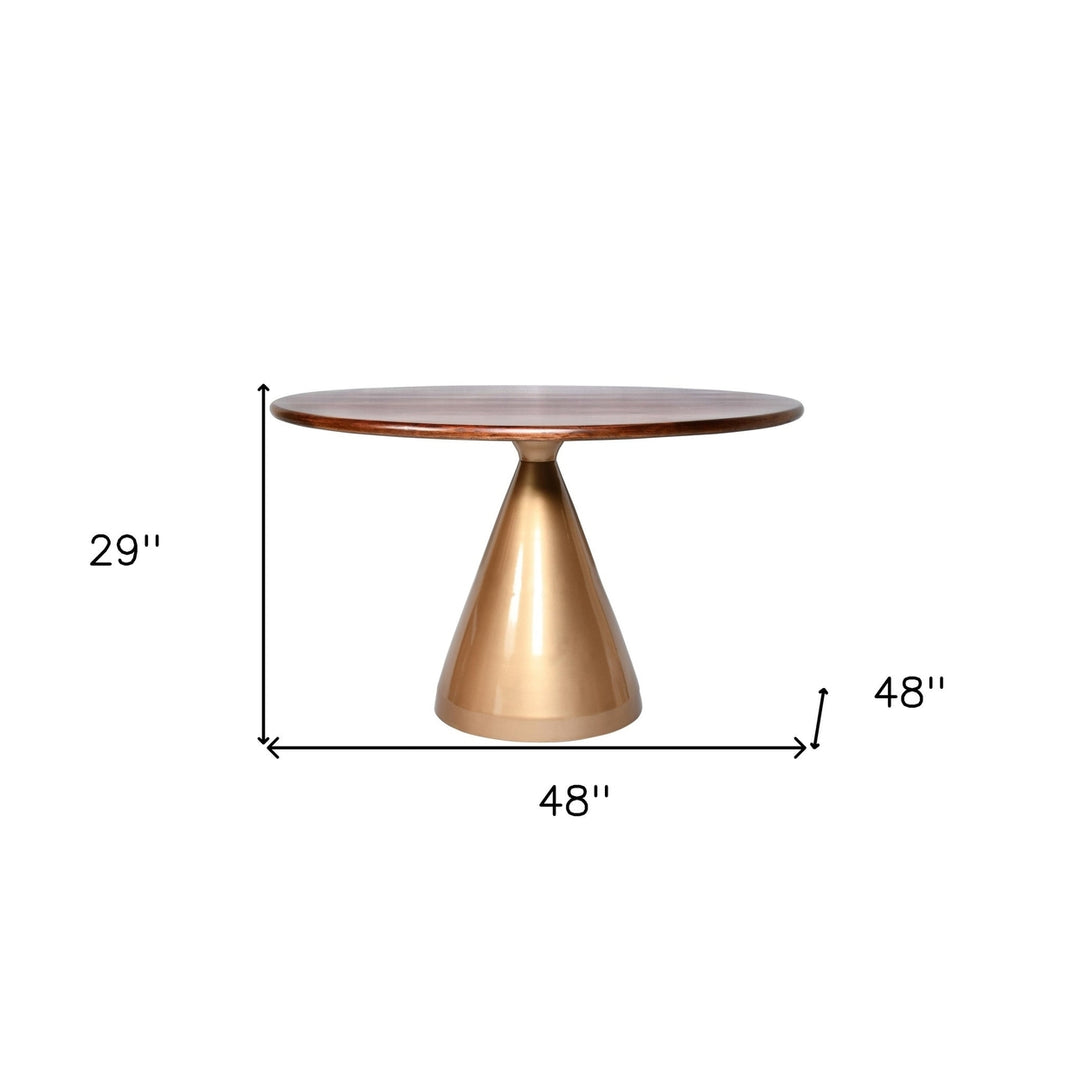 48" Brown and Gold Rounded Solid Wood and Iron Pedestal Base Dining Image 3