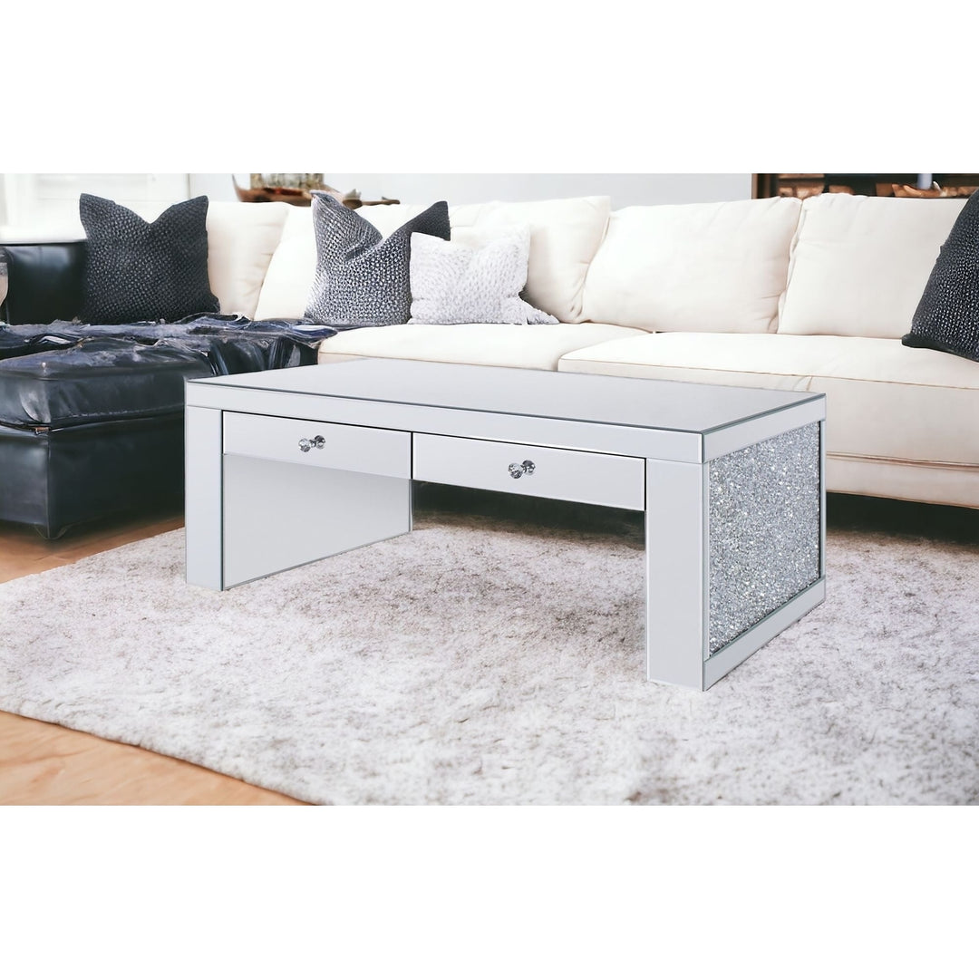 48" Silver Glass Mirrored Coffee Table With Two Drawers Image 5