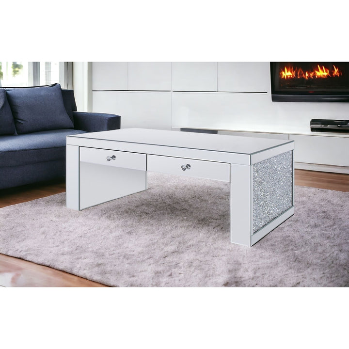 48" Silver Glass Mirrored Coffee Table With Two Drawers Image 6