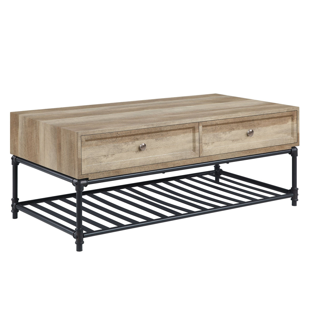 47" Sandy Black And Oak Paper Veneer And Metal Rectangular Coffee Table With Two Drawers And Shelf Image 1