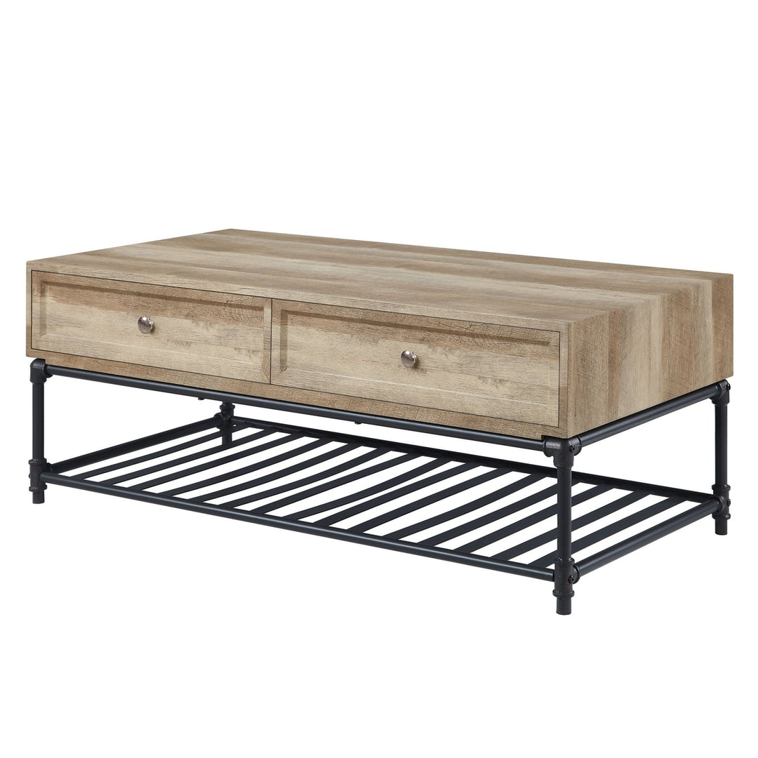 47" Sandy Black And Oak Paper Veneer And Metal Rectangular Coffee Table With Two Drawers And Shelf Image 4