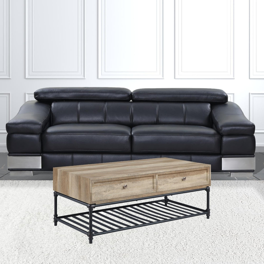 47" Sandy Black And Oak Paper Veneer And Metal Rectangular Coffee Table With Two Drawers And Shelf Image 5