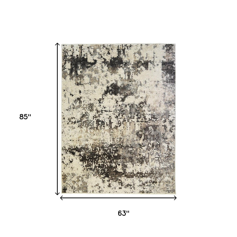 5 x 8 Black Abstract Distressed Area Rug With Fringe Image 2