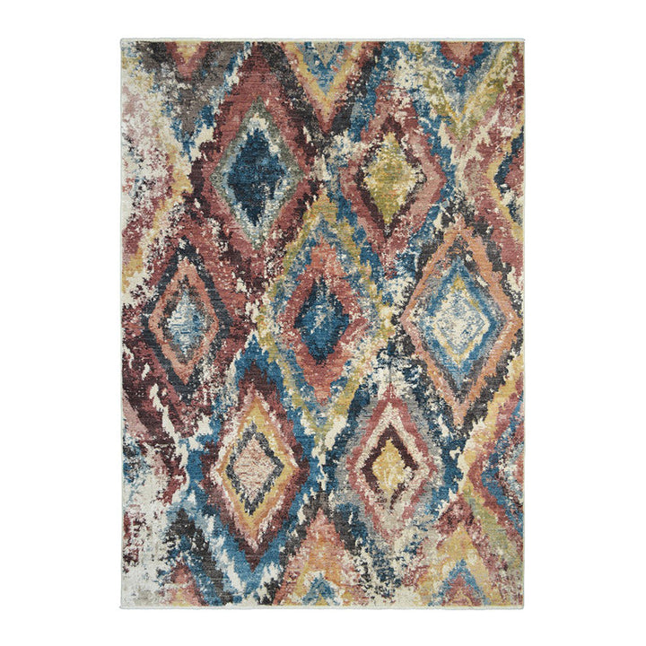 5 x 8 Blue Geometric Distressed Area Rug With Fringe Image 1