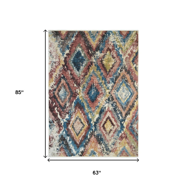 5 x 8 Blue Geometric Distressed Area Rug With Fringe Image 2