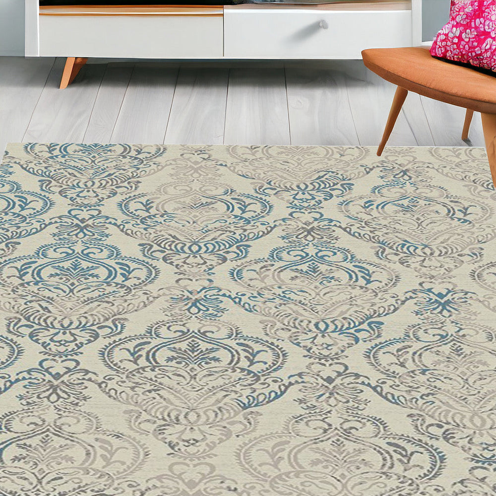 5 x 8 Ivory Blue and Gray Damask Distressed Area Rug Image 2