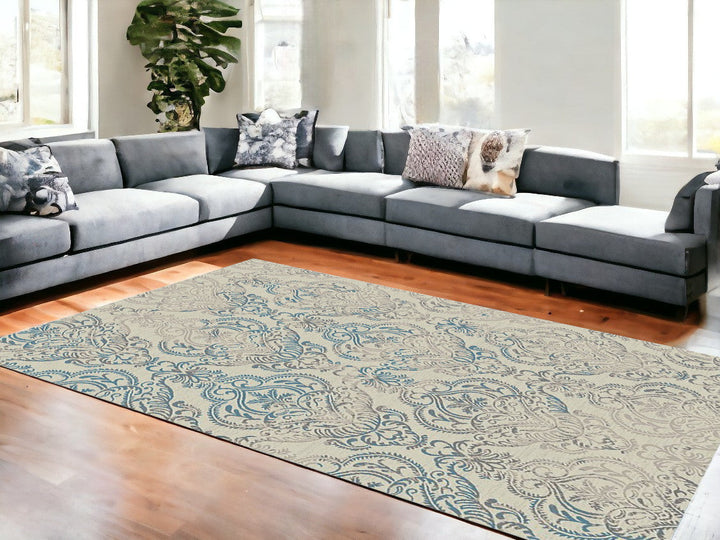 5 x 8 Ivory Blue and Gray Damask Distressed Area Rug Image 3