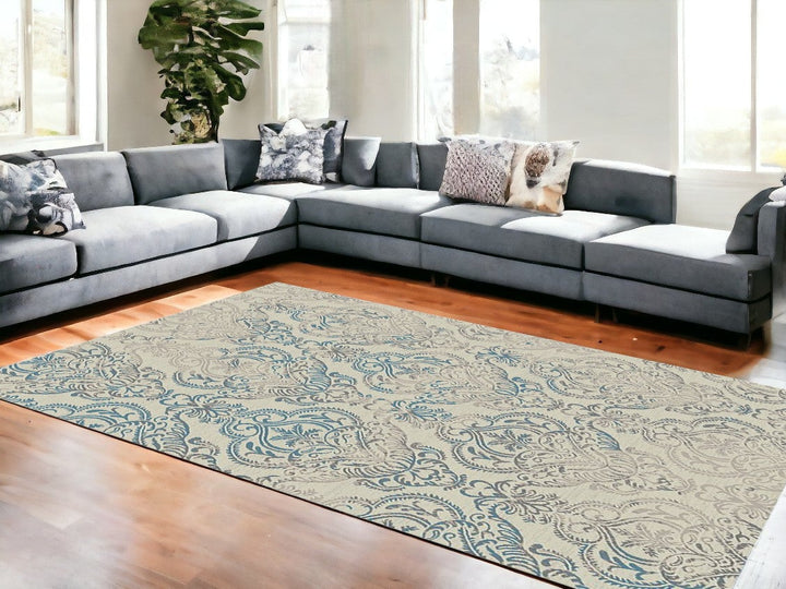 5 x 8 Ivory Blue and Gray Damask Distressed Area Rug Image 1