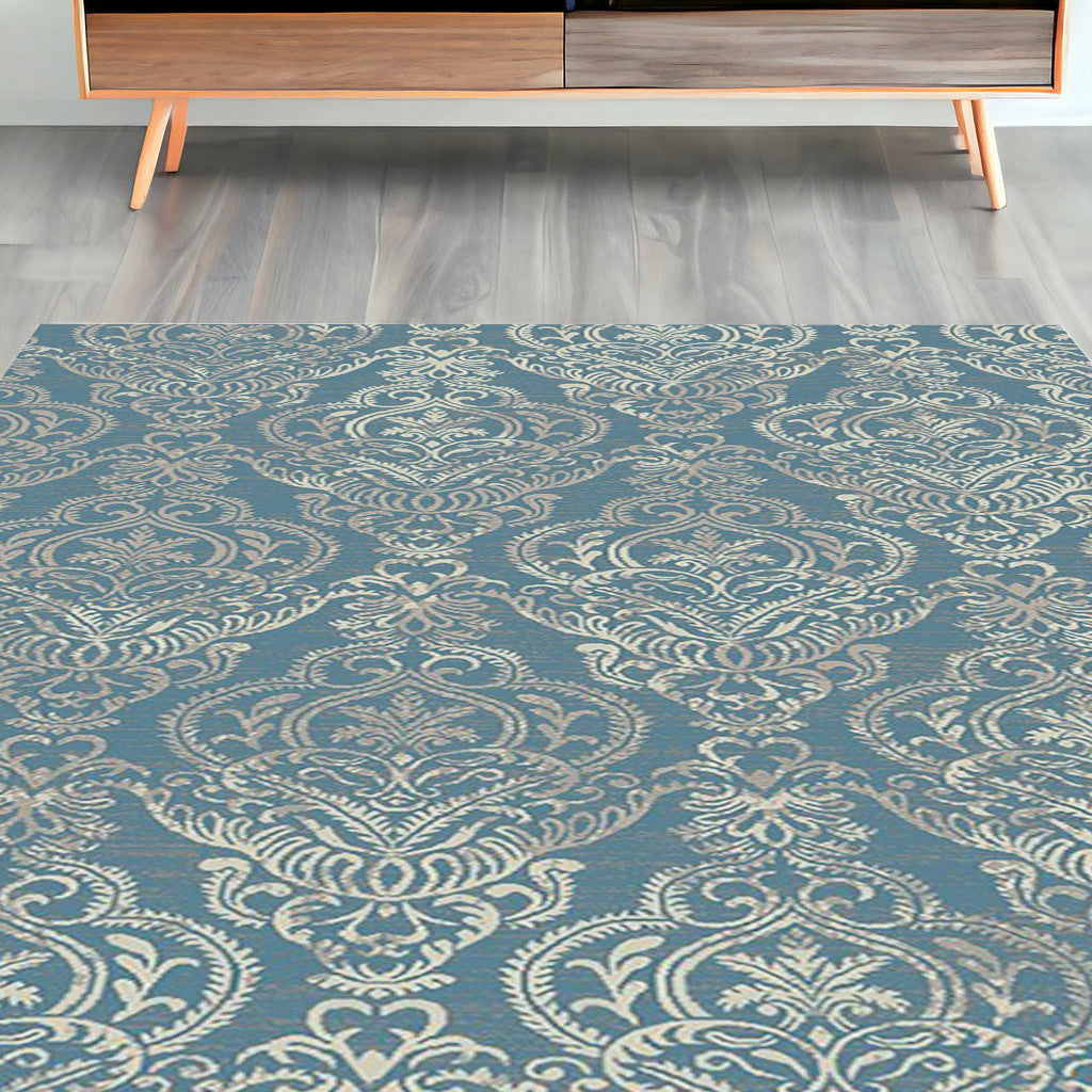 5 x 8 Ivory Blue and Gray Damask Distressed Area Rug Image 4