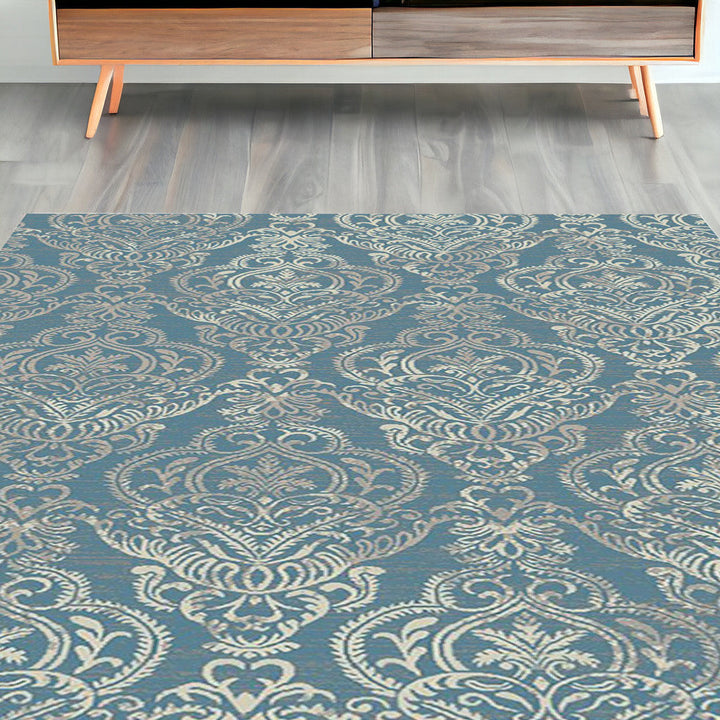 5 x 8 Ivory Blue and Gray Damask Distressed Area Rug Image 4