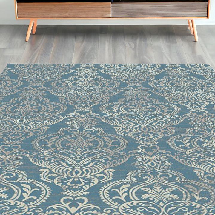 5 x 8 Ivory Blue and Gray Damask Distressed Area Rug Image 1