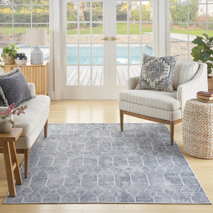 6 x 9 Blue and Gray Geometric Power Loom Washable Area Rug Image 8