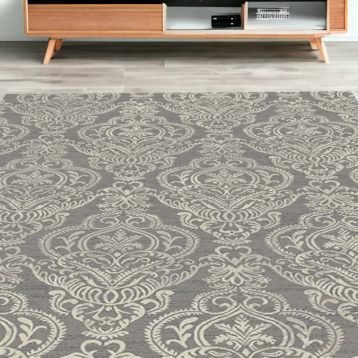 5 x 8 Ivory Blue and Gray Damask Distressed Area Rug Image 1