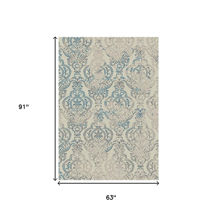 5 x 8 Ivory Blue and Gray Damask Distressed Area Rug Image 8