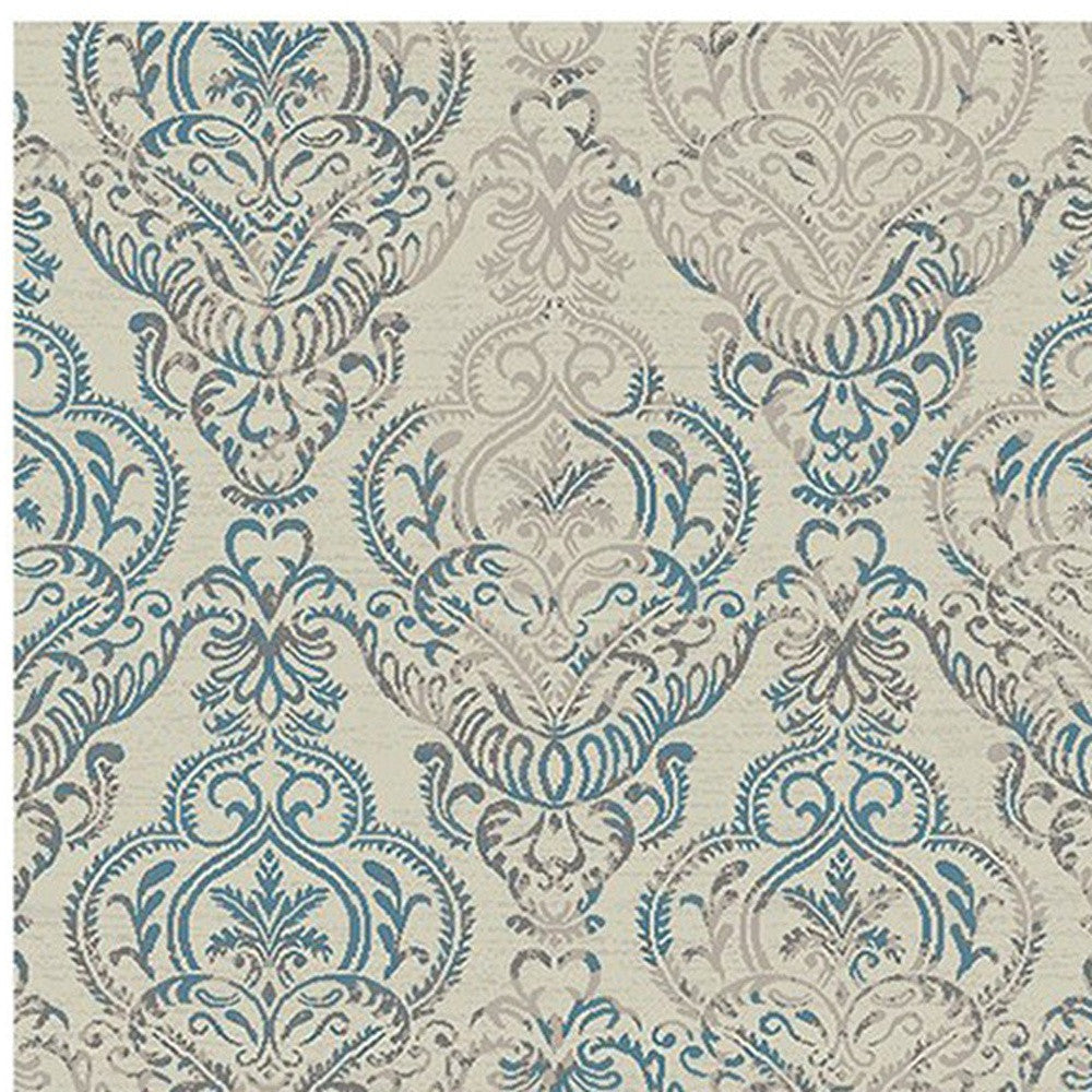 5 x 8 Ivory Blue and Gray Damask Distressed Area Rug Image 9