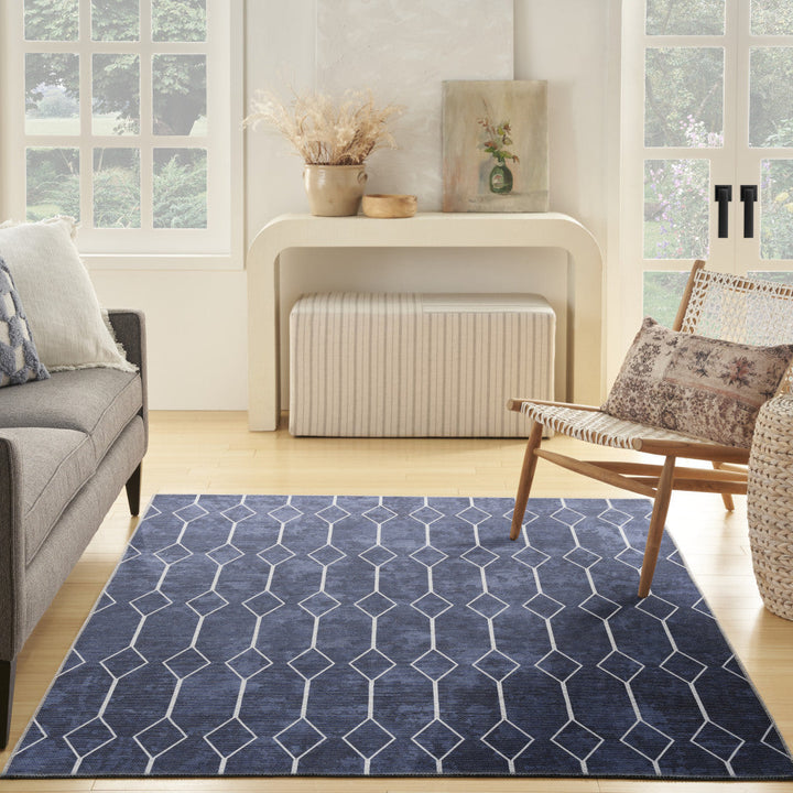 6 x 9 Blue and Ivory Geometric Power Loom Washable Area Rug Image 10