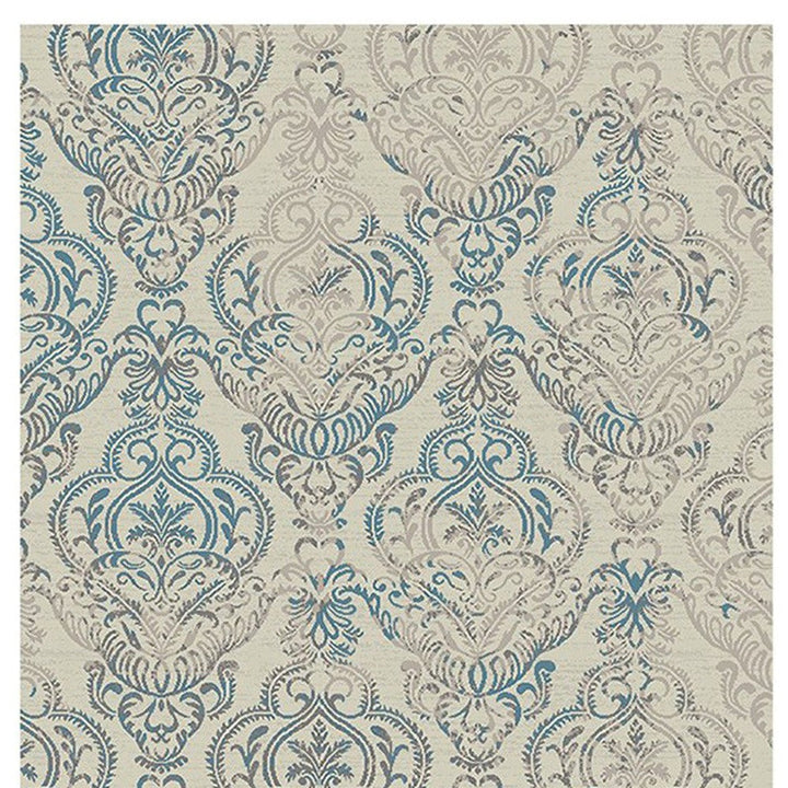 5 x 8 Ivory Blue and Gray Damask Distressed Area Rug Image 10