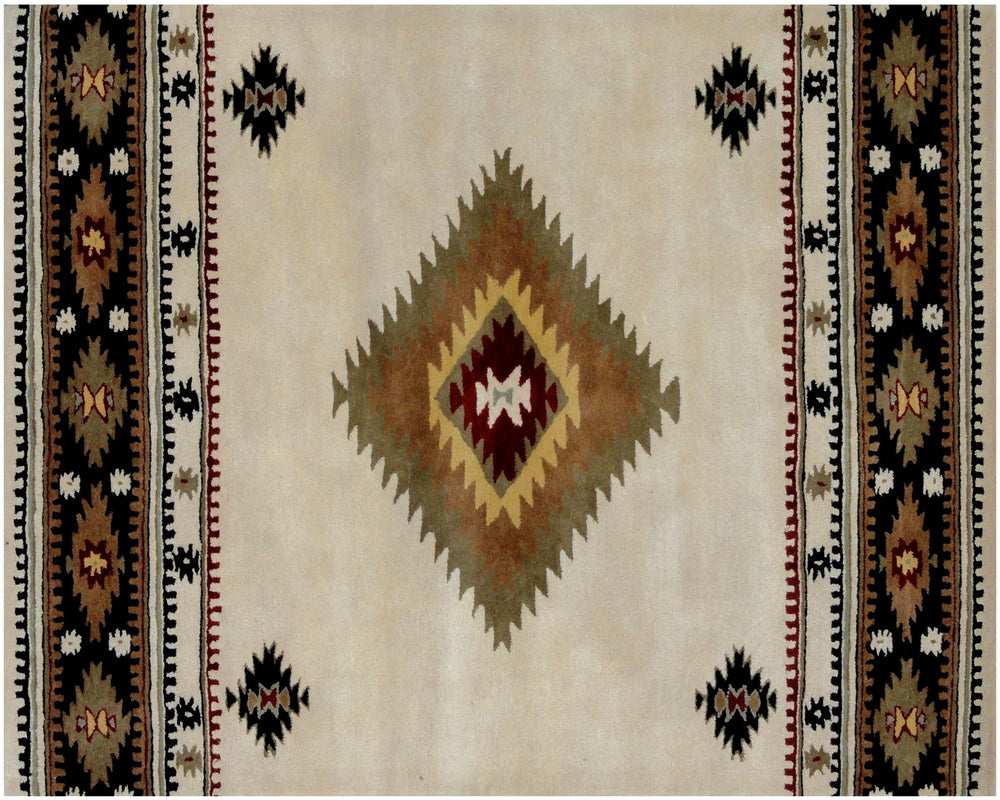 5 x 8 Ivory and Black Southwestern Hand Tufted Non Skid Area Rug Image 2