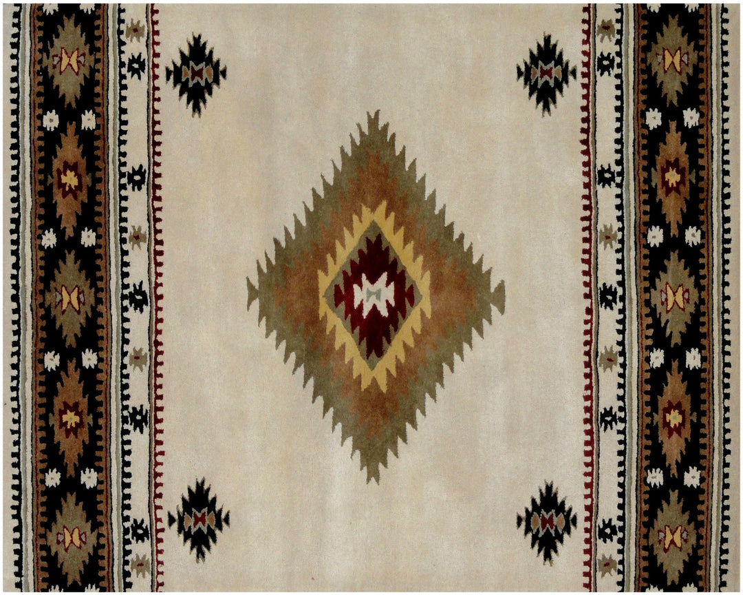 5 x 8 Ivory and Black Southwestern Hand Tufted Non Skid Area Rug Image 2