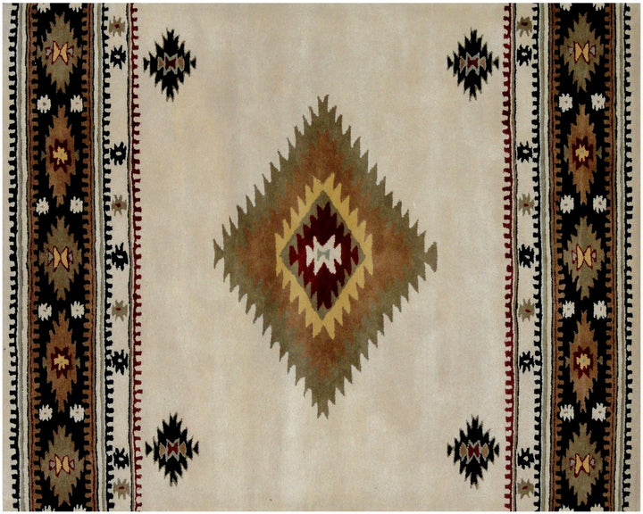 5 x 8 Ivory and Black Southwestern Hand Tufted Non Skid Area Rug Image 2