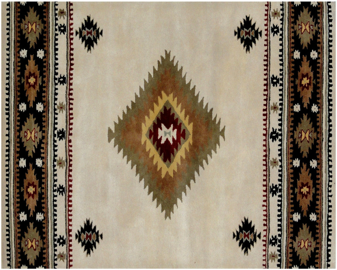 5 x 8 Ivory and Black Southwestern Hand Tufted Non Skid Area Rug Image 4