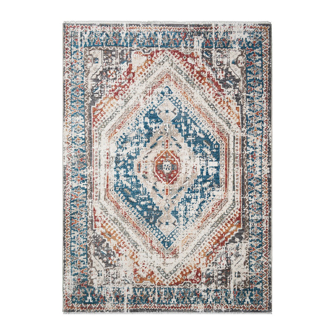 5 x 8 Teal Taupe and Rust Geometric Distressed Area Rug With Fringe Image 1