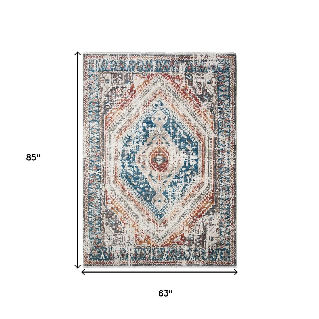 5 x 8 Teal Taupe and Rust Geometric Distressed Area Rug With Fringe Image 2