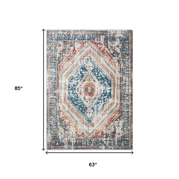 5 x 8 Teal Taupe and Rust Geometric Distressed Area Rug With Fringe Image 2